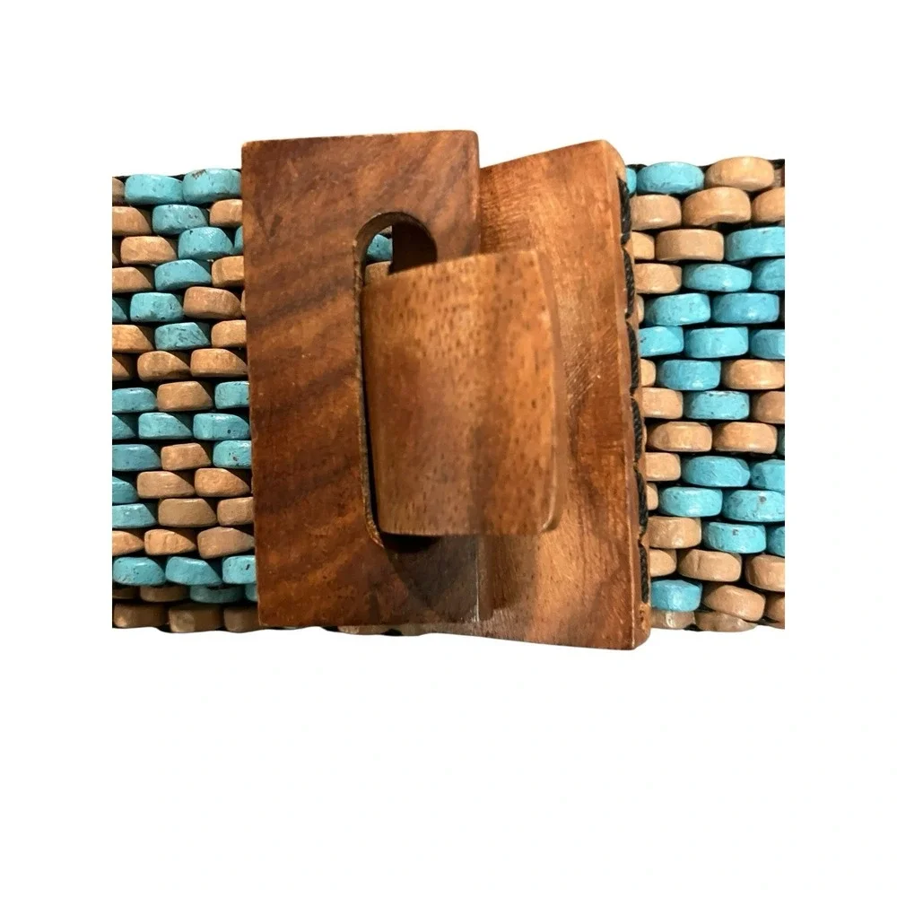 Wood Bead Belt Weatern Turquoise Tan Stretch Statement Wood Interlock Buckle 31